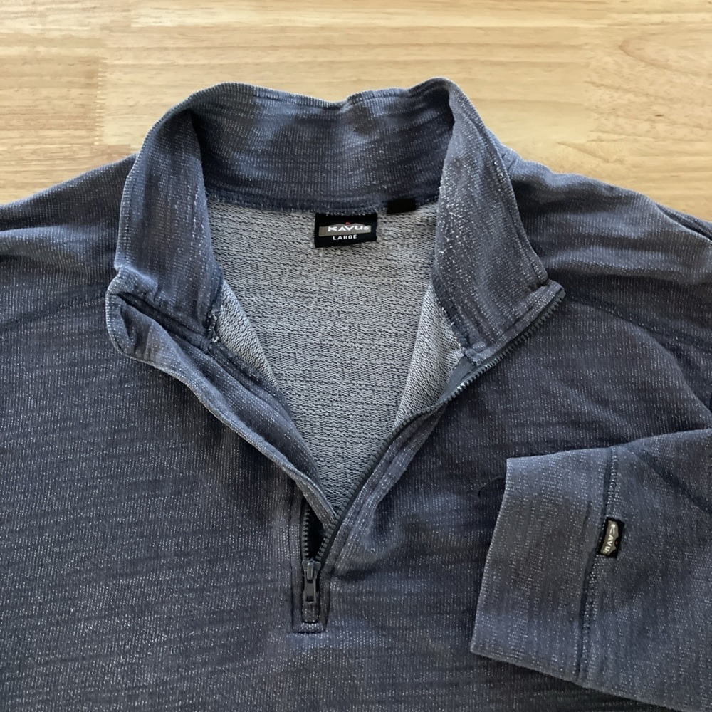 KAVU Men M Blue Knit Pullover Sweatshirt Mock Neck 1/4 Zip Logo Polyester Cotton